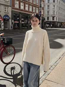 Ribbed Turtleneck Knit Sweater, Relaxed Fit, Long Sleeves, Side Slits, Cream Beige, Elegant Fall Winter Casual Pullover For Cozy Winter Outfits - Apricot - View 6