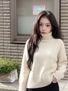 Ribbed Turtleneck Knit Sweater, Relaxed Fit, Long Sleeves, Side Slits, Cream Beige, Elegant Fall Winter Casual Pullover For Cozy Winter Outfits - Apricot - View 4