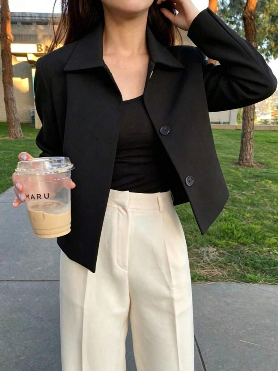 Women's Fashion Black Regular Length Jacket, With Collar And Long Sleeves, Perfect For Autumn And Winter Women's Outfit Matching. - Black - View 1