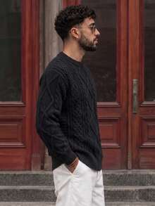 Lookun Men's Solid Color Minimalist Fashion Casual Versatile Daily Commute Home Wear Crew Neck Long Sleeve Loose Ribbed Pullover Sweater Knitwear Autumn/Winter - Black - View 7
