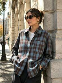 Women's Autumn Brushed Plaid Front Button Pocket Button-Down Home Shirt - Blue - View 8
