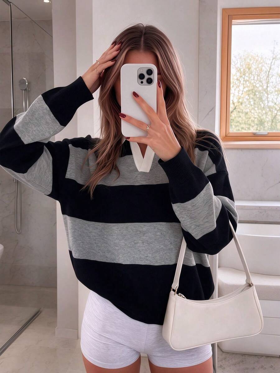 Just Masa Women's Fall Casual Colorblock POLO Collar Sweater Pullover, Long Sleeve Loose Simple Basic Rib-Knit Top, For Daily Wear, Going Out, School - Garis-garis hitam dan abu-abu - View 1