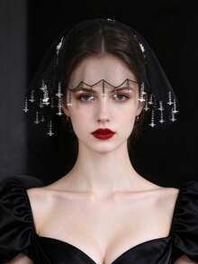 1pc Vintage Black Short Cap Veil With Heavy Floral Bead Chain Pendant, Elegant Dark Bridal Headpiece - Black - View 3