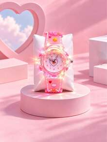 Girls Heart-Shaped Dual-Movement LED Glowing Quartz Watch, Cute Fashion Children Student Wristwatch, Daily Wear Accessory, Birthday Christmas Gift - Pink - View 3