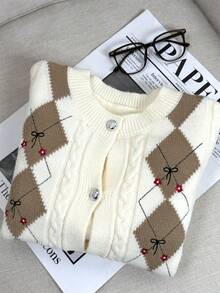 Vintage Argyle Floral Bow Embroidered Knit Cardigan - Champagne - View 6