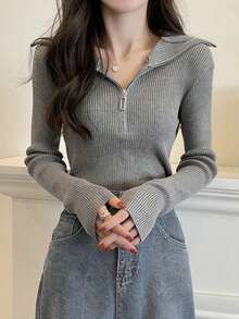 Korean Style Half-Zip Collar Knit Sweater Women Autumn/Winter Layering Base Top Slim Fit - Grey - View 4