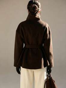 Women's Brown Funnel Neck Belted Long Sleeve Jacket With Pockets, Elegant Polyester Regular Length Autumn/Winter Fashion - Brown - View 5
