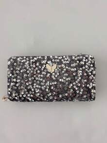 1pc Sequin Glitter Long Wristlet Clutch Wallet, Butterfly Decor Zipper Style, Evening Party Date Handbag, Ideal Gift For Women - Multicolor - View 14