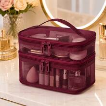 1pc Double Layer Mesh Tote Bag - Breathable Diaper Bag, Hair Accessories Puzzle Toy Storage Bag, Zipper Toiletry Bag, Suitable For Daycare Organization And Travel Storage, Double Layer Large Capacity Transparent Toiletry Bag, Portable Handheld Cosmetic Organizer Bag - Multicolor - View 9