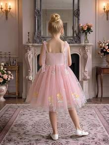Tween Girls Spaghetti Strap Embroidered Floral Mesh Sweet Elegant Princess Dress, Flower Girl Dress Suitable For Party, Vacation, Outing, Evening Gala, Ball, Birthday Party, Fabric Floral Pattern Random Cut - Dusty Pink - View 2