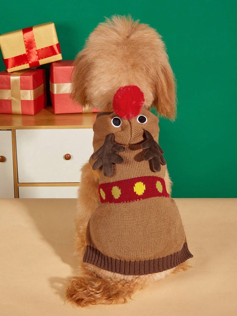 1pc Brown Christmas Antler Hat Red Pom Pom Warm Knitted Cat/Teddy Dog Sweater, Autumn/Winter