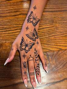 1 Sheet Black Butterfly Henna Temporary Tattoo Stickers, Star & Leaf Pattern Fake Tattoos For Hand Wrist, Waterproof Body Art Decals For Wedding Bohemian Party Festival Formulated Without Henna - Black - View 4