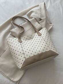 Tas Tote Gaya Korea Minimalis Motif Polkadot Tekstur Leci, Tas Bahu Serbaguna dan Lucu untuk Wanita dan Pelajar - Krem - View 8