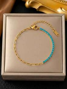 RAYQUEEN 5pcs Stainless Steel Fashion Versatile Multi-Color Zirconia Chain Spliced Layered Bracelets For Women, Suitable For Daily Wear And Gift Giving - Bracelet - View 11