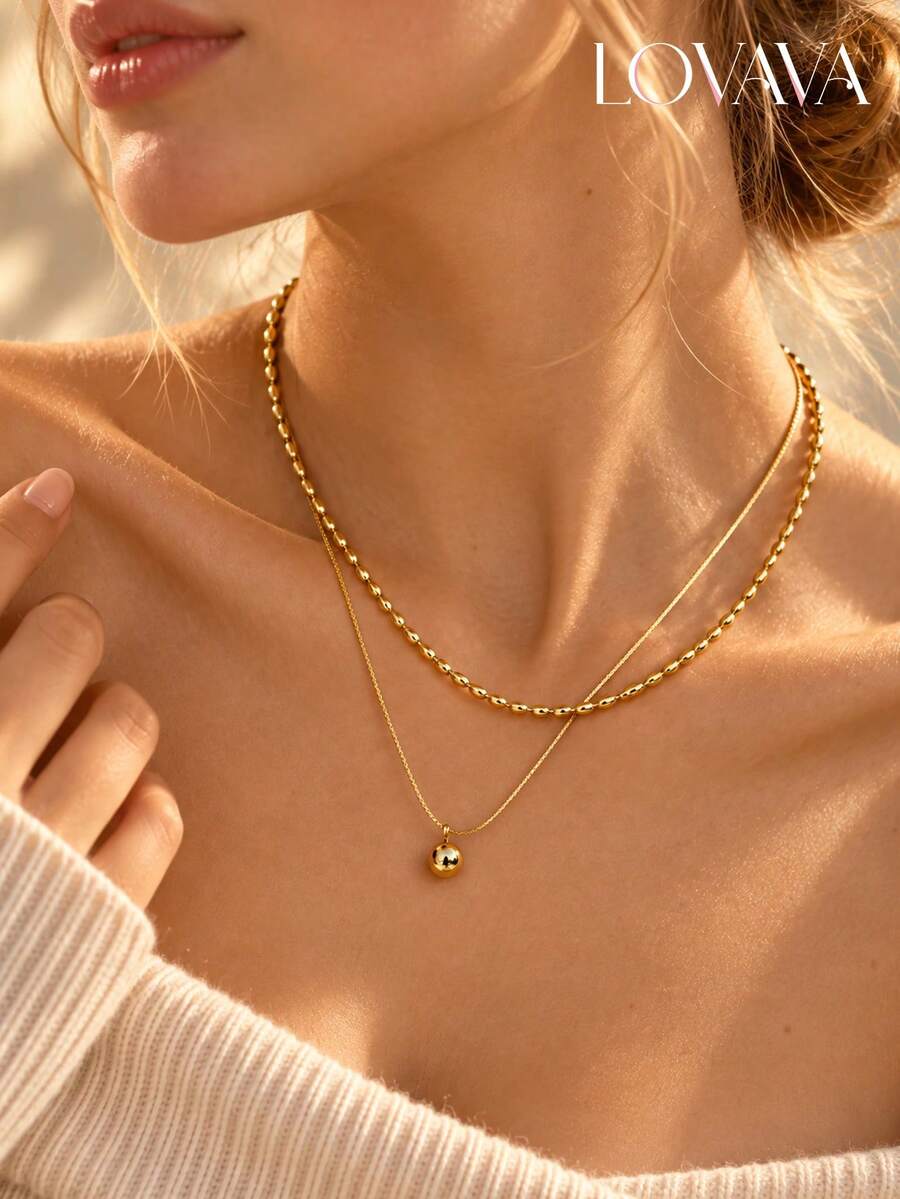 18K Gold Vacuum Plated Stainless Steel Double Layer Necklace For Women, Gold Rice Bead Chain With Round Bead Pendant, Layered Collarbone Chain, Minimalist Luxury Elegant Versatile Necklace For Daily Wear, Commute, Date, Vacation, Party, Gift Jewelry - Gold - View 1