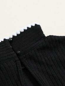 女款貝殼刺繡領結領長袖襯衫，拼色飾邊優雅通勤襯衫，秋冬時尚 - 黑色 - 查看 12