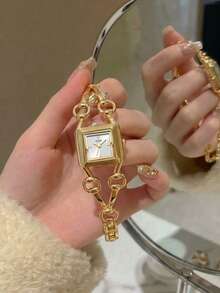 1pc Women's Vintage Gold-Tone Barrel-Shaped Quartz Watch With Round Cone-Shaped Chain Strap, Suitable For Daily Commute, Party And Other Occasions - Green - View 13
