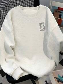 Creative Receipt Text Front & Back Print Crew Neck Sweatshirt Women Autumn Loose Drop Shoulder Casual Long Sleeve Top - Off-white - View 3