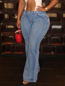 Women's Vintage Plus Size Flare Jeans, Mid-Stretch Denim Fabric, Long Length, Zipper Detail, Y2K Style - Blue - View 3