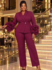 Plus Size Burgundy Two Pieces Pants Suit Long Sleeve Shawl Collar Peplum Blazer With Ruffle Flare Cuff Elegant Formal Church Business Fall Outfit - Burgundy - View 9