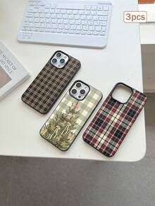 3pcs Leather Texture Plaid Print TPU Shockproof Full Coverage Precise Protective Case Compatible With Apple IPhone11/12/13/14/15/16/16Pro/16ProMax/17/17pro/17ProMax/18pro 18ProMax - Multicolor - View 2
