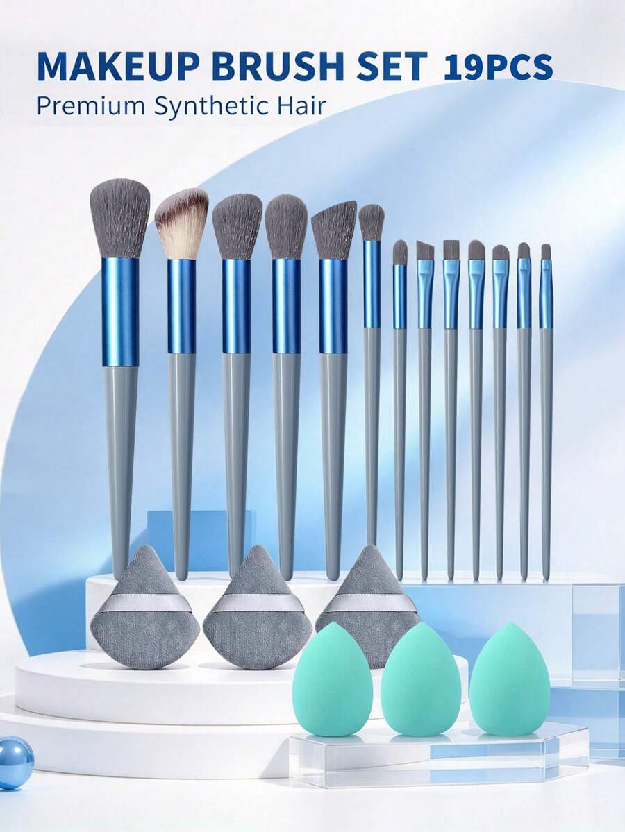 Bộ 19 cọ trang điểm chuyên nghiệp, cọ má hồng mềm mịn, cọ tạo khối, cọ đánh mắt, cọ phấn nền che khuyết điểm, mút trang điểm đa năng, bộ dụng cụ trang điểm