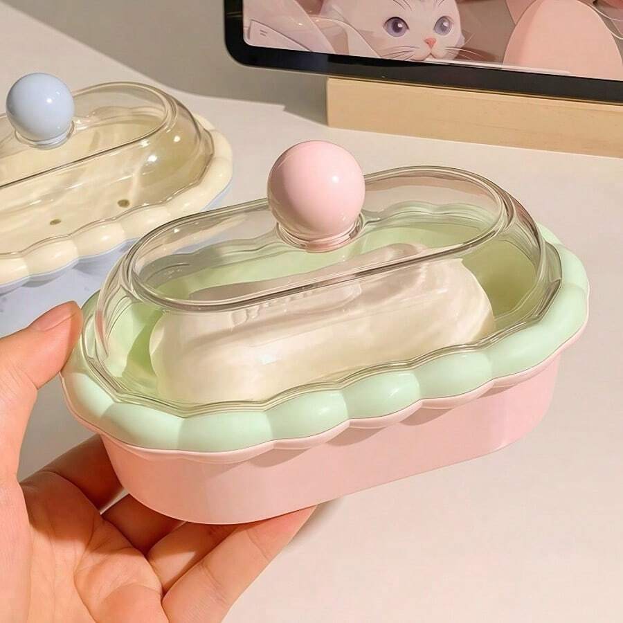 1pc Cute Cartoon Double Layer Soap Dish With Lid, Wavy Edge Portable Dust-Proof Soap Holder, Lightweight Space-Saving Design, Suitable For Bathroom, Student Dorm And College Girls Daily Use - Soap Box - View 1