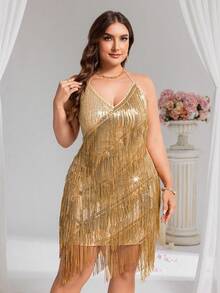 CHOSMO New Sequin Fringe Patchwork Women's Wedding Dress, Elegant Glamorous Fitted High Waist Strapless Backless Evening Gown - Gold - View 4