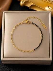 RAYQUEEN 5pcs Stainless Steel Fashion Versatile Multi-Color Zirconia Chain Spliced Layered Bracelets For Women, Suitable For Daily Wear And Gift Giving - Bracelet - View 13