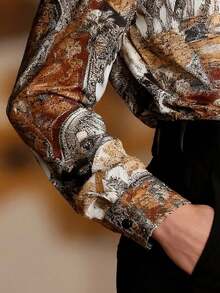 Plus Size Vintage Paisley Print Women's Shirt, Long Sleeve Button Front, Suitable For Casual And Business Wear - Brown - View 5