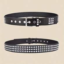 1pc Unisex Black Studded Belts, Punk‑Inspired Design Adorned With Fashionable Stud Embellishments And Multi-Row Eyelet Holes - ZD01 02 - View 6