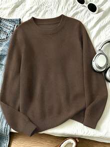 Plus-Size Women's Knitted Imitation Sweater, Teddy Bear Print, Casual And Simple, Autumn And Winter Top, Everyday Wear. - Brown - View 2