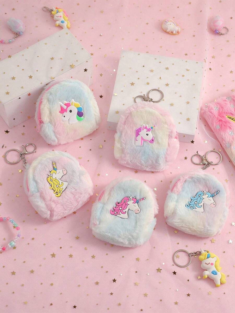 1 buah Dompet Koin Gantungan Kunci Bahan Plush Motif Unicorn untuk Anak Perempuan, Tas Koin Mini Plush Gaya Manis dan Lucu, Hadiah Liburan dan Perjalanan Sehari-hari - MultiWarna - View 1