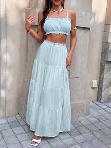 Vellofy Women's Autumn/Winter Blue Ruffle Camisole Top + Layered Long Skirt Two Pieces Set, Elastic Waist Outfit, Suitable For Home Leisure, Daily Dating And Parties - Baby Blue - View 3