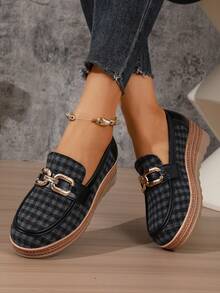 Vintage Plaid Metal Buckle Loafers, Faux Woven Wedge Platform Slip-On Lightweight Casual Shoes For Home - Black - View 2
