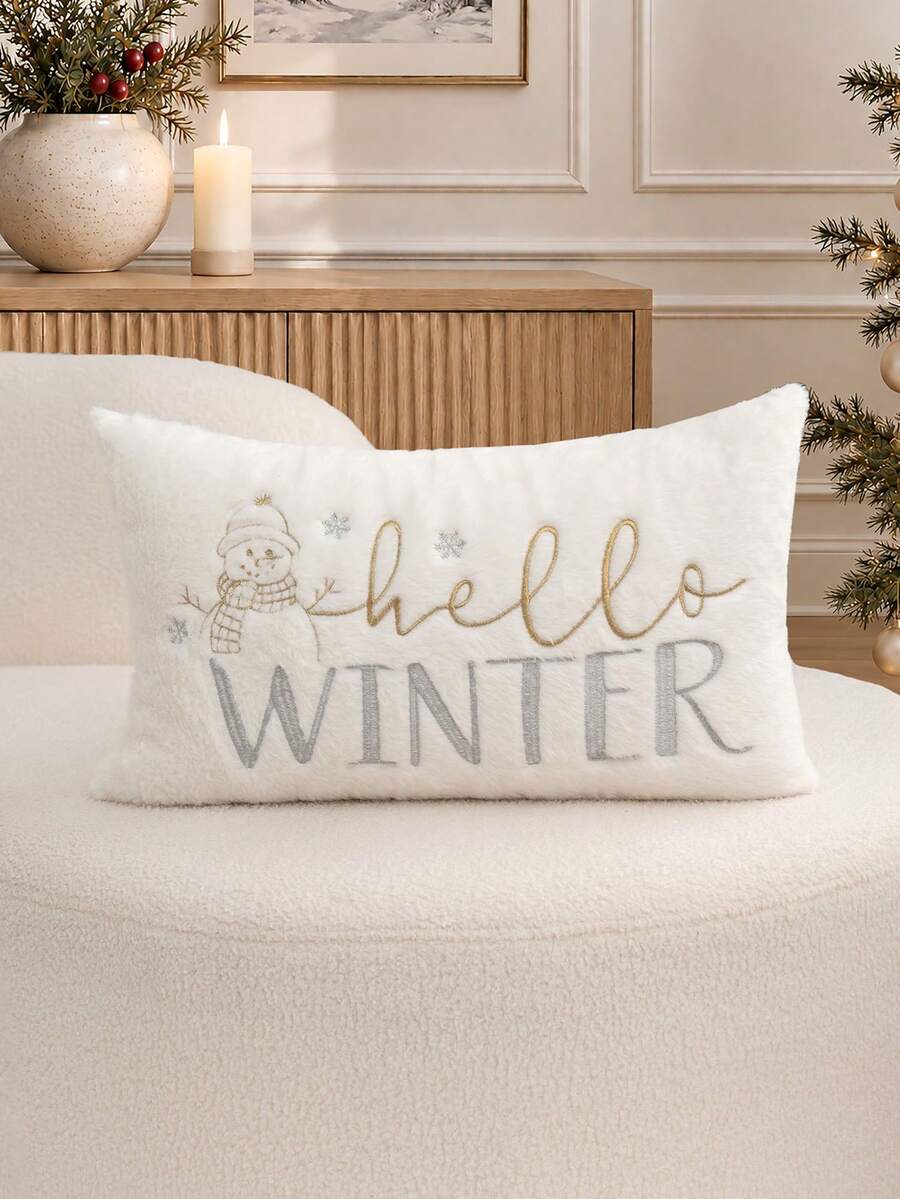 1pc Christmas Snowman Embroidered Pillowcase, Christmas Hello WINTER Pillowcase, Suitable For Indoor Decoration, Christmas Decoration, All Season Pillowcase, Without Insert