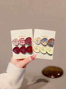 2pcs/4pcs Sweet Plaid Heart Decor Hair Clips, Cute Alligator Hair Clips For Side Bangs, Girls Hair Accessories - Multicolor - View 3
