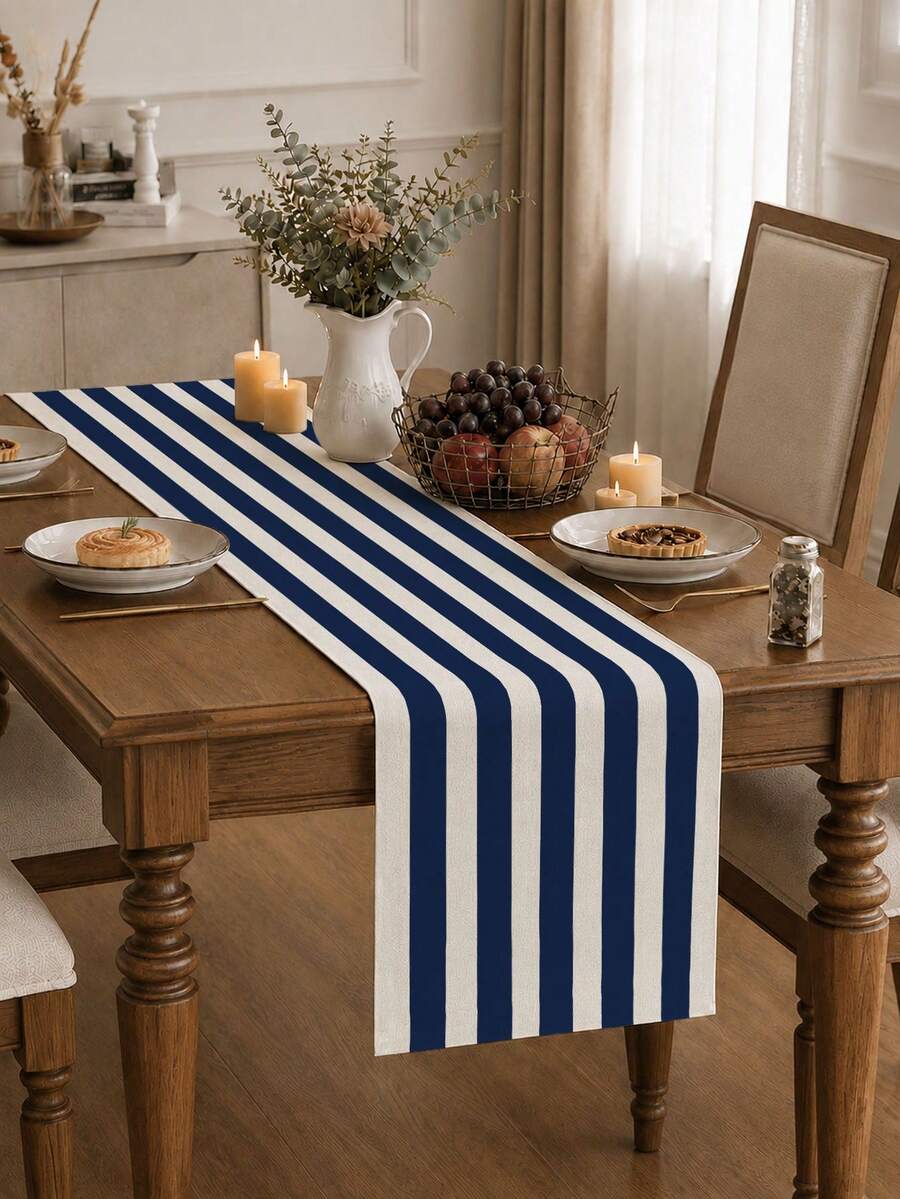 1 buah Taplak Meja Bermotif Garis Minimalis Gaya Bohemian, Taplak Meja Persegi Panjang Bertekstur Cocok untuk Meja Makan, Meja Kopi, Dekorasi Rumah, Dekorasi Dapur dan Ruang Makan yang Tahan Lama, Dekorasi Meja - Biru laut - View 1