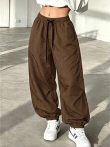 Women's Minimalist Loose Harem Pants, Slim Fit Wide Leg Trousers, Suitable For Daily Commute - Brown - View 2