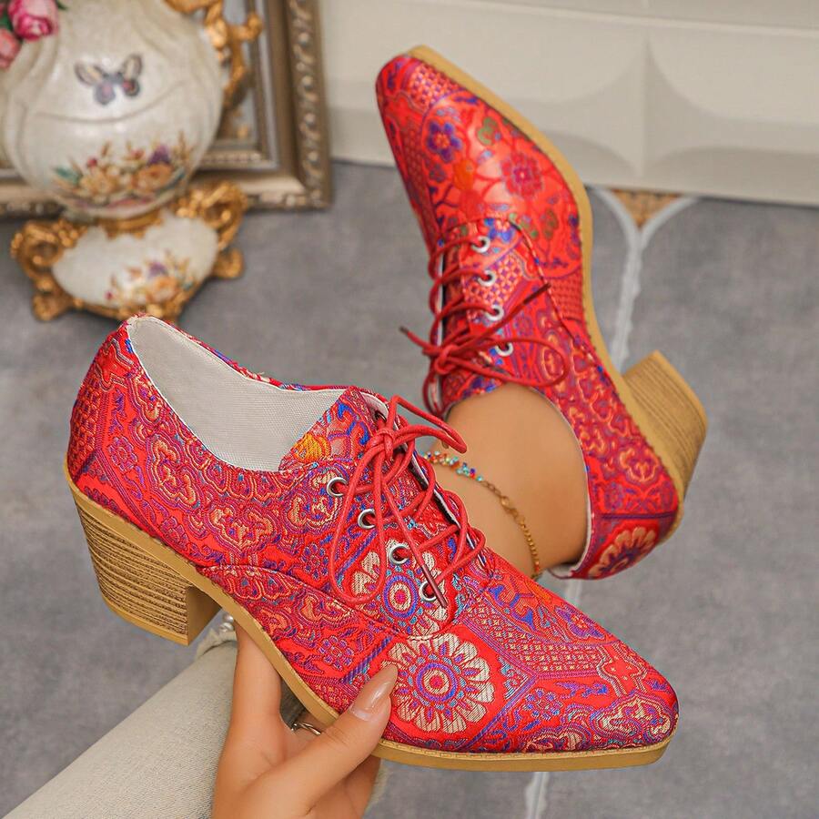 1 Pair Floral Lace-Up Minimalist Home Office Outdoor Spring Autumn Versatile Shoes - Red - View 1