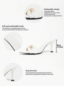Women's Mirror Pointed Toe Stiletto Mule, Mesh Patchwork Horsebit Buckle Pearl Decor Backless High Heel White Sandals, Perfect For Party And Date - White - View 7