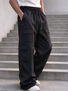 Men's Casual Street Style Cargo Pants - Loose Fit Wide Leg Long Pants, Multi-Pocket Design, Drawstring Waistband, Solid Color Daily Wear, Elastic Waistband With Drawstring, All-Day Wear, Home Relaxation, Fitness Training, Walking Jogging, Shopping Dating, Travel Outing, Campus Commute, Outdoor Leisure, Street Style, Light Sports Fitness, Perfect Gift For Boyfriend And Dad - Black - View 10