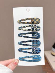 6pcs Girls Blue Leopard Print Star Forehead Side Bangs Hair Clips, Suitable For Daily Styling - Multicolor - View 5