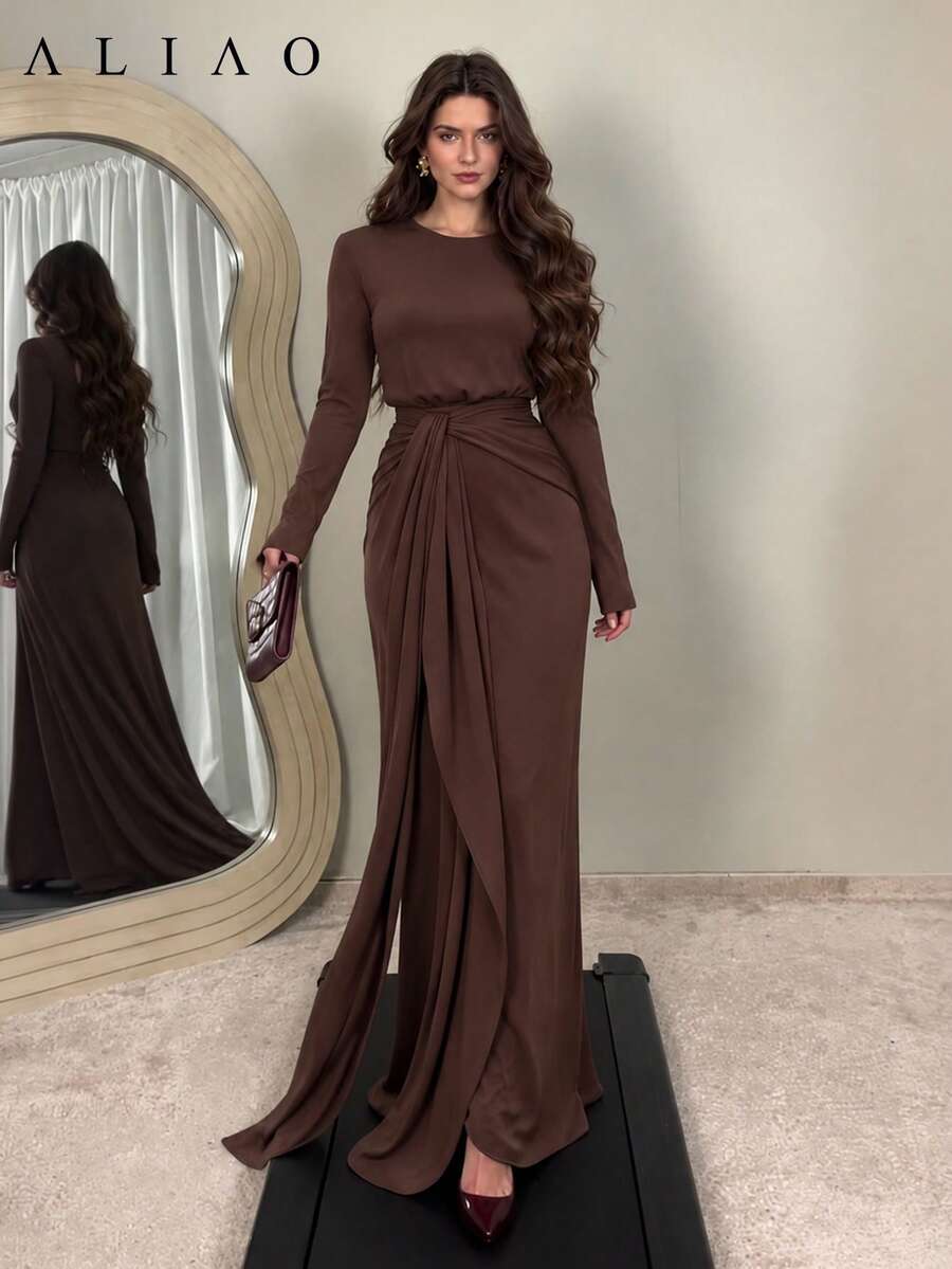 ALIAO Long Sleeve Ribbon Elegant Women's Dress, Suitable For Daily, Dating, Holiday, Wedding Guest, Party, Autumn/Winter Wear