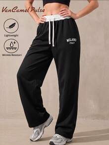 Vancamel Pulse Celana Jogging Wanita Model Colorblock dengan Potongan Lebar, Pinggang Elastis dan Tali Serut, Celana Panjang Kasual Longgar dengan Potongan Lurus - Hitam - View 4