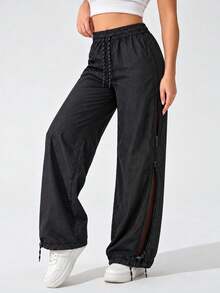 Women's High Waist Drawstring Wide Leg Training Pants With Side Zip Mesh Panels And Adjustable Hems For Gym Workout - Black - View 5