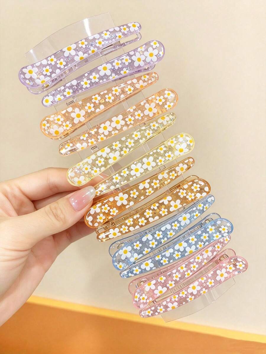 12pcs Women's Minimalist Transparent Long Alligator Hair Clips, Student Daily Hair Styling Clips, Fresh Floral Long Strip Side Clips, Girl's Bangs And Loose Hair Clips - Multicolor - View 1