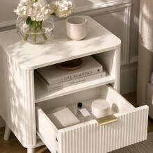 Set Of 2 Bedside Tables, Fluted Bedside Cabinets With Drawer & Open Shelf, Rounded Corner Nightstands With Gold Handles, Raised 4-Leg Solid Wood Base, White - Nightstands+Cream White - View 5