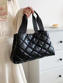 Ladies Glossy Puffer Tote Handbag, Rhombus Quilted Large Capacity Shoulder Bag, Lightweight Casual Shopping Bag - Multicolor - View 5