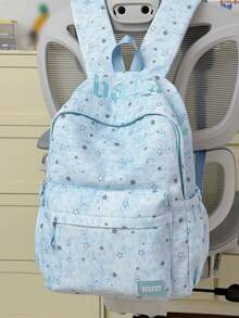 Star Print Letter Embroidery Backpack + Large Capacity & Multi Pockets + School Daily Commute + Light Blue Tie Dye Casual Nylon Daypack - Multicolor - View 1